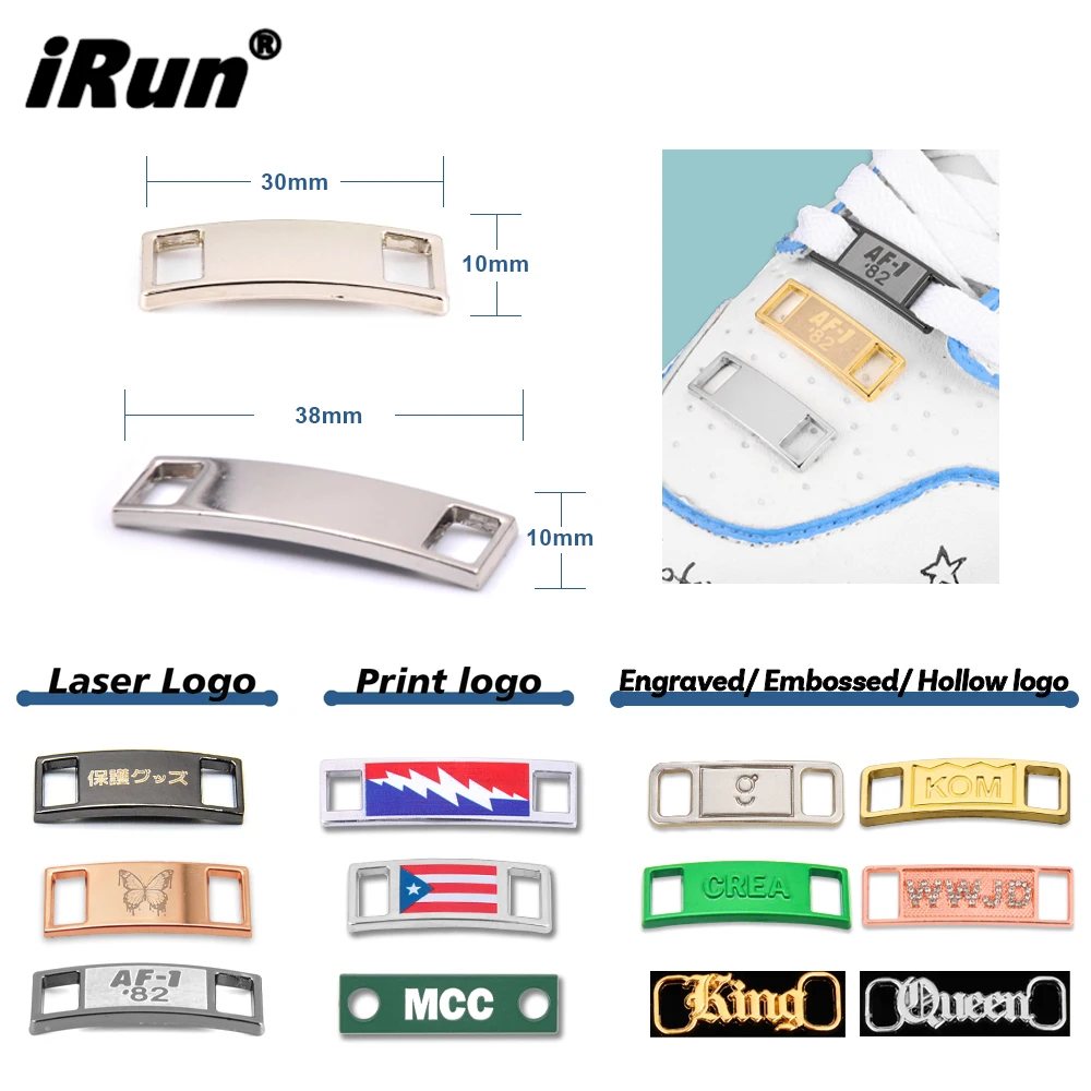 iRun Design Laser Printed Engraved Logo Zinc Alloy Custom Shoelace Metal Tag Decorations Sneaker Charms Shoe Lace Lock