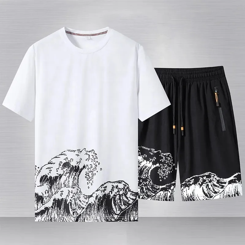 Wholesale high quality short men's sets 100% cotton short sleeve T-shirts and shorts Men's wear Men's 2 piece short sets