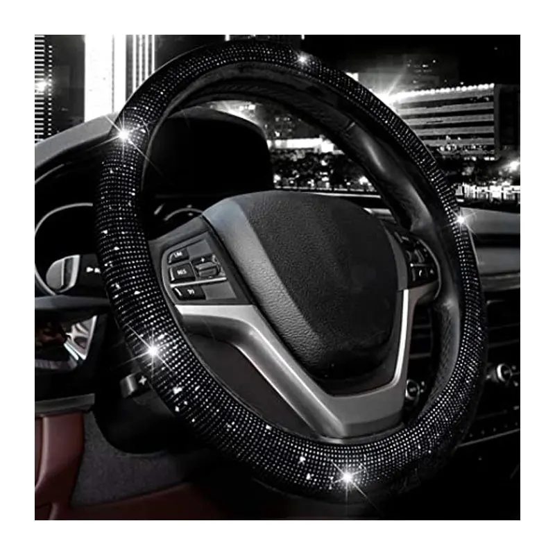 Black Diamond Steering Wheel Cover for Women Men Bling Bling Crystal Diamond Sparkling Car SUV Wheel Protector Universal Fit 15 Inch 