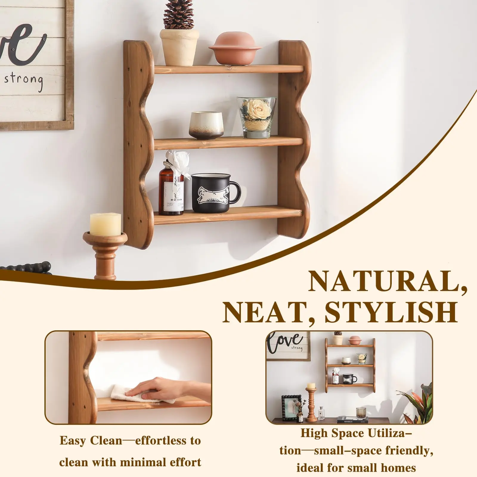 product wood floating wall shelf farmhouse wall mounted storage rack wavy edge display rack 3 tier rustic hanging storage shelf-4