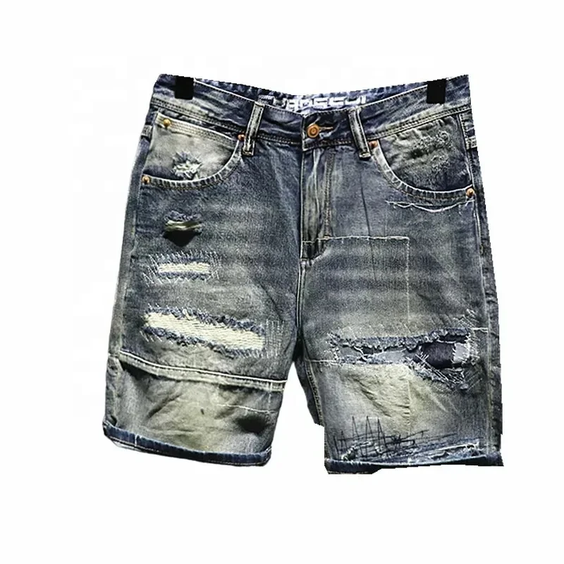 Wholesale printed embroidered denim fabric hot drilled jeans shorts Men's hip hop style slim slim fashion short jeans