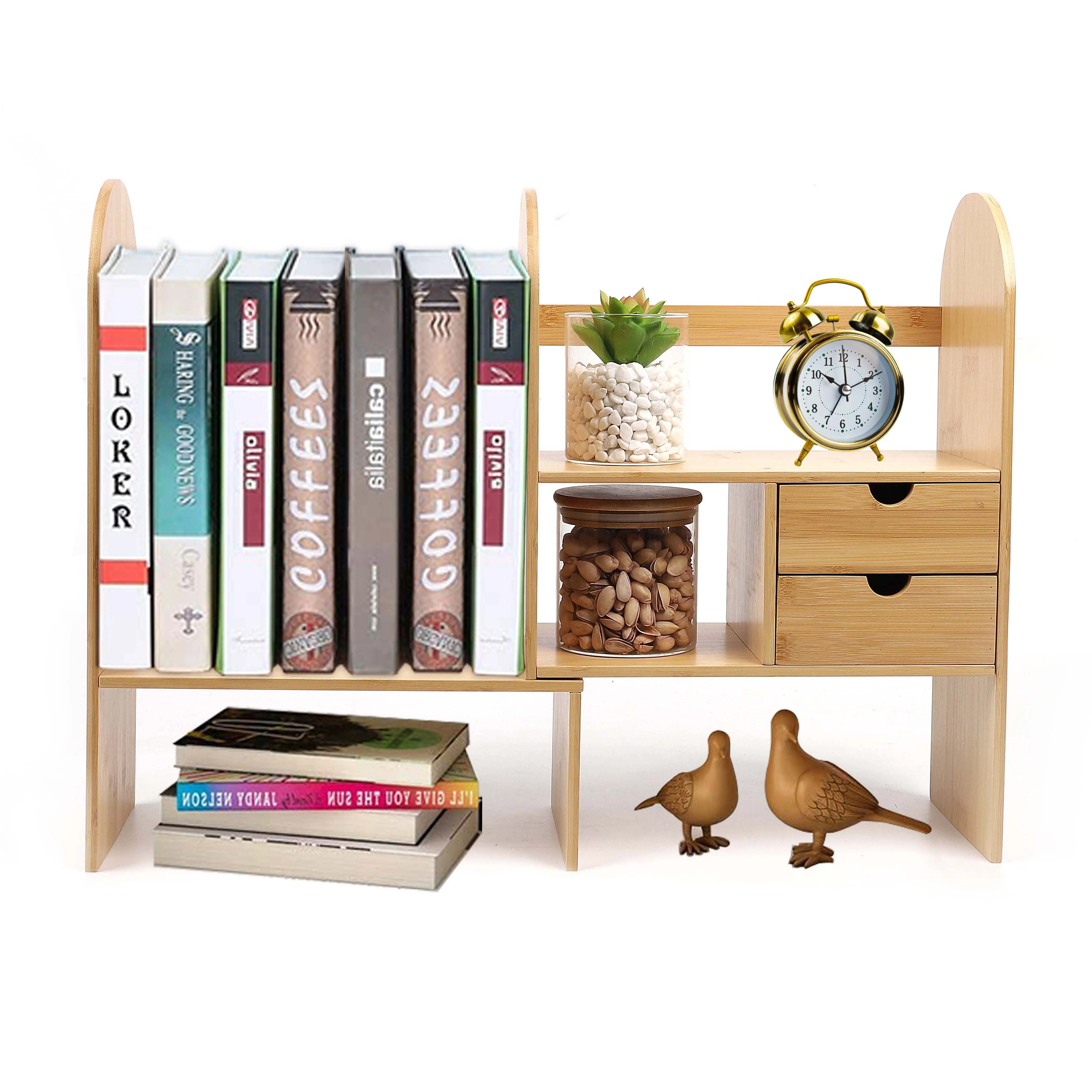 Extendable Bamboo Bookshelf Bookcase Adjustable Desktop with Drawer Rack Display 