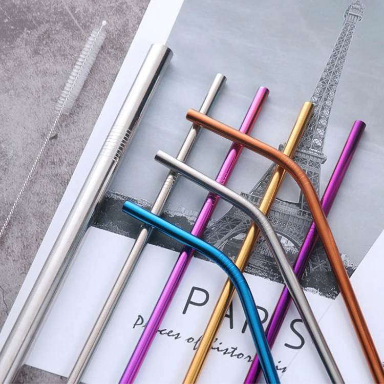 3PCS Stainless Steel Metal Drinking Straw Set Reusable Straws Cleaning Brush With Box