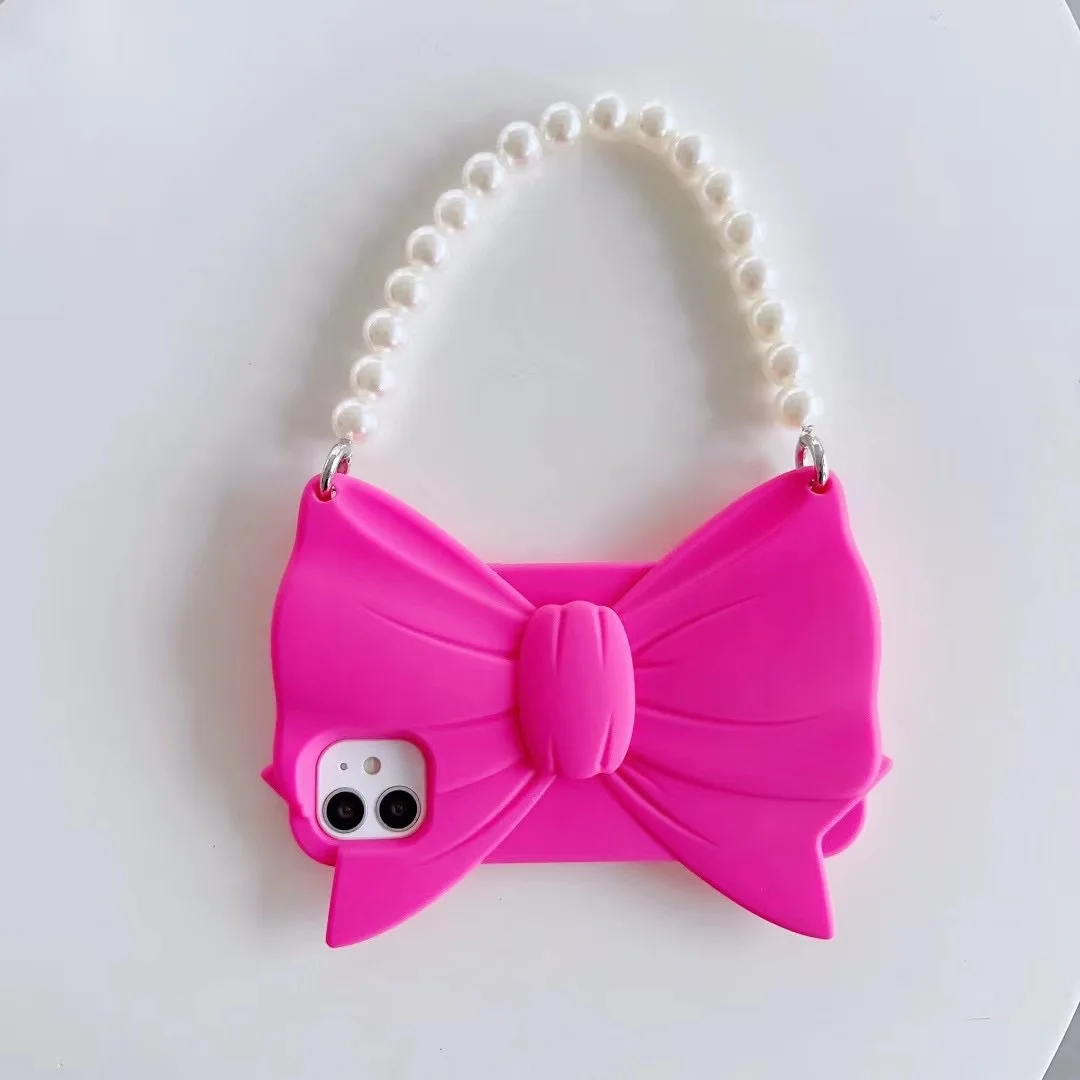 Luxury Silicone Bow Tote Bag Pearl Hand Strap Lanyard Pink Shockproof Mobile Cover for Apple iPhone 15 phone case