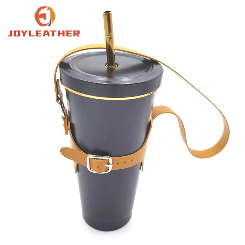 Hot Sale Custom Embossing Logo Adjustable Strap Reusable Cup Sleeves Leather Drink Wrap Cup Holders