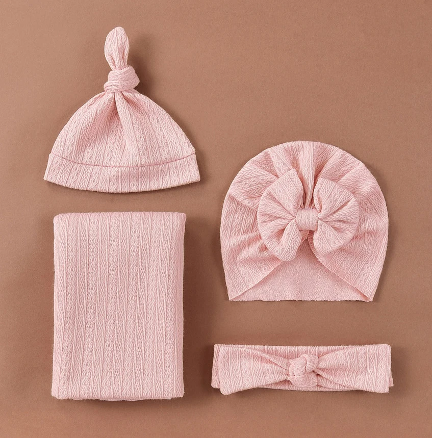 4pcs set Baby Blankets Newborn Rayon Swaddle Donut Knot Turban Hat Bowknot Headband Cotton Baby Swaddle Blanket Wrap Set