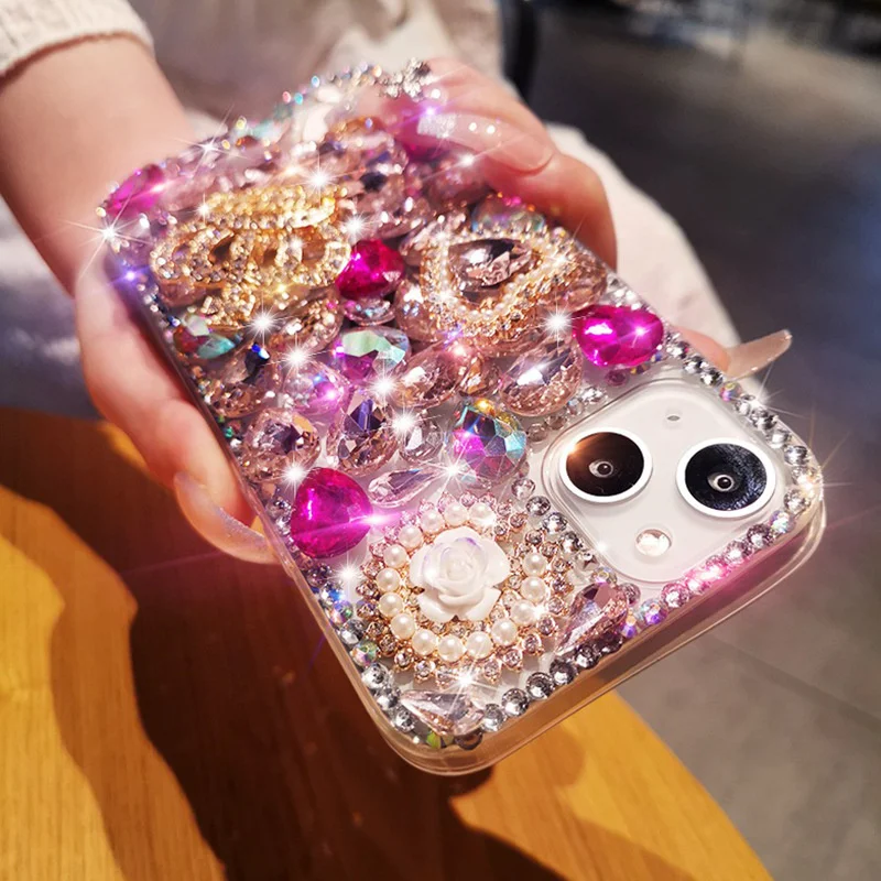 Handmade Luxury Bling Crystal Diamond Cover Mobile Phone Case For iPhone 15 14 13 12 11 Pro Max Xs Xr Crown Flower Women Case