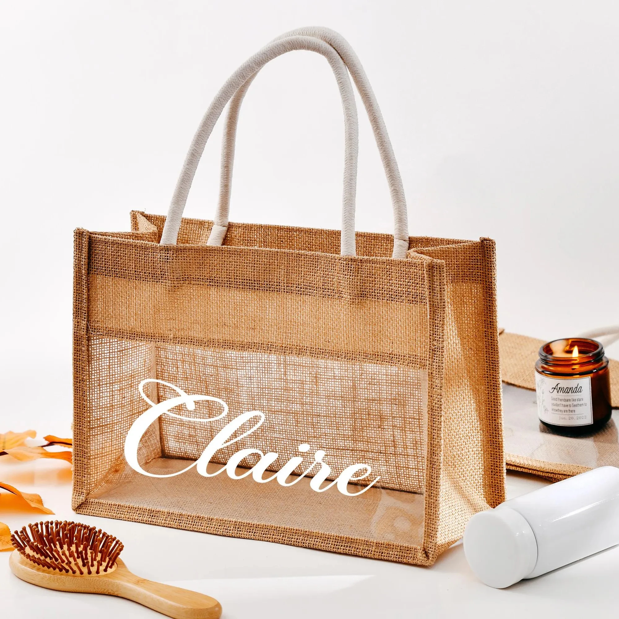 Wholesale Custom Printed Logo Portable Wedding Gift Tote Bags Hessian Linen Jute with Cotton Rope Handle and Transparent Window manufacture