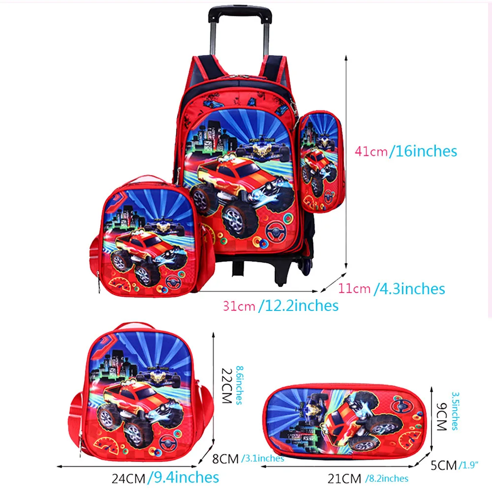 High Quality Kids Rolling Schoolbag Set 3 Pcs Backpack with Pencil case and Lunch Bag6-12 Years Removable Trolley Schoolbag