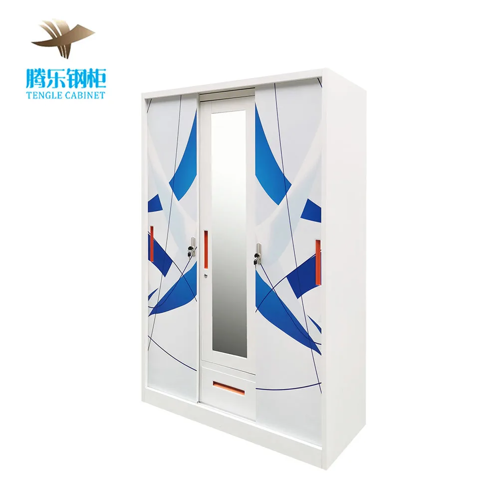 Portable Metal 3-Door Wardrobe Home Furniture Bedroom Printed Steel Swing Metal Frame Closet Modern Bedroom Furniture