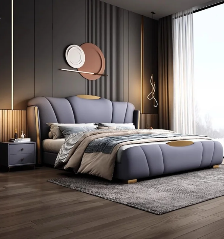 Wholesale Luxury Designs King Size Modern Leather Bed Solid Wood Frame High Double Bed Upholstered Leather Headboard