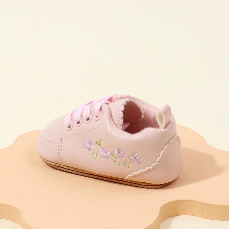 High Quality Soft Leather Baby Girl Toddler Casual Shoes Newly Arrived with Embroidered Flower Design and Non-Slip Rubber Bottom details