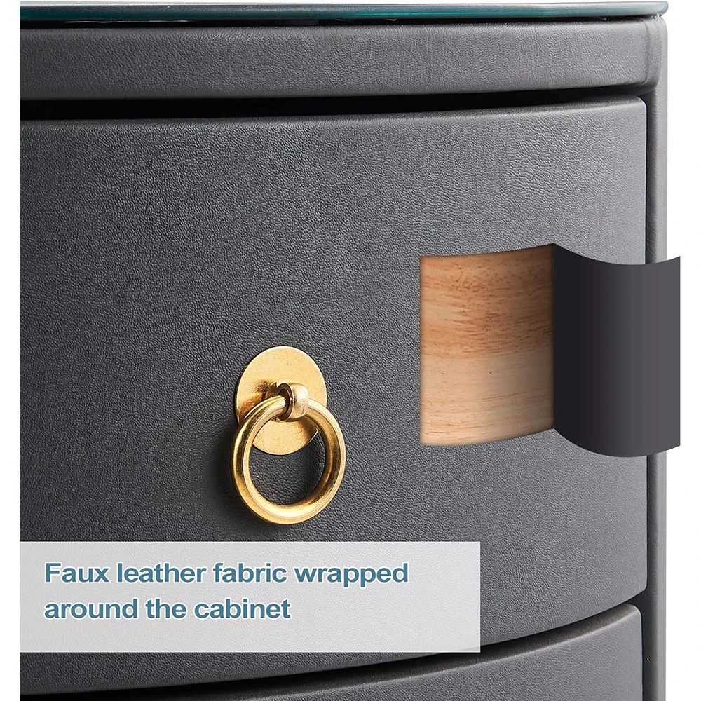 Dark Grey Wood Smart Nightstand with Wireless Charging Station & LED Lights Modern Round 3-Drawer Bedroom Storage Furniture details