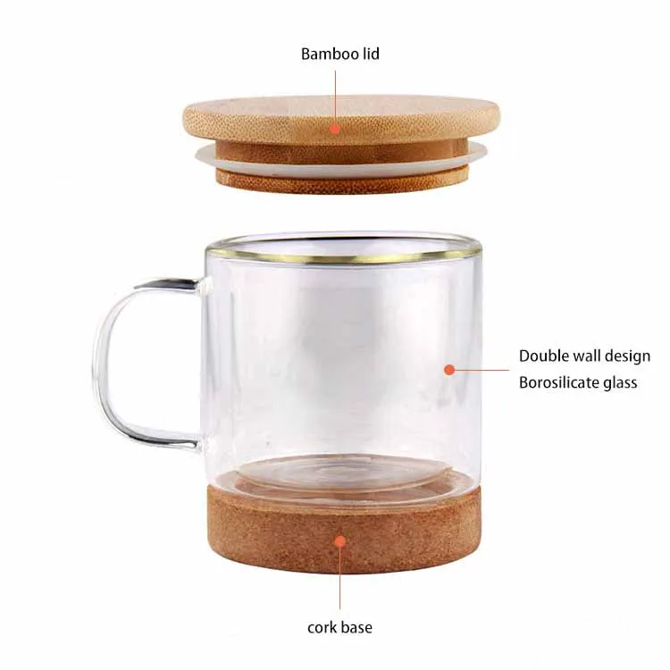 Bamboo fiber coffee cup with bamboo lid double wall insulated glass coffee tea cup with cork bottom, best christmas mug gift Bamboo fiber coffee cup with bamboo lid double wall insulated glass coffee tea cup with cork bottom, best christmas mug gift