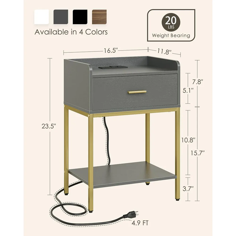 Modern Wood Nightstand Charging Station 3-Tier Storage Drawer Shelf for Bedroom & Living Room Grey factory