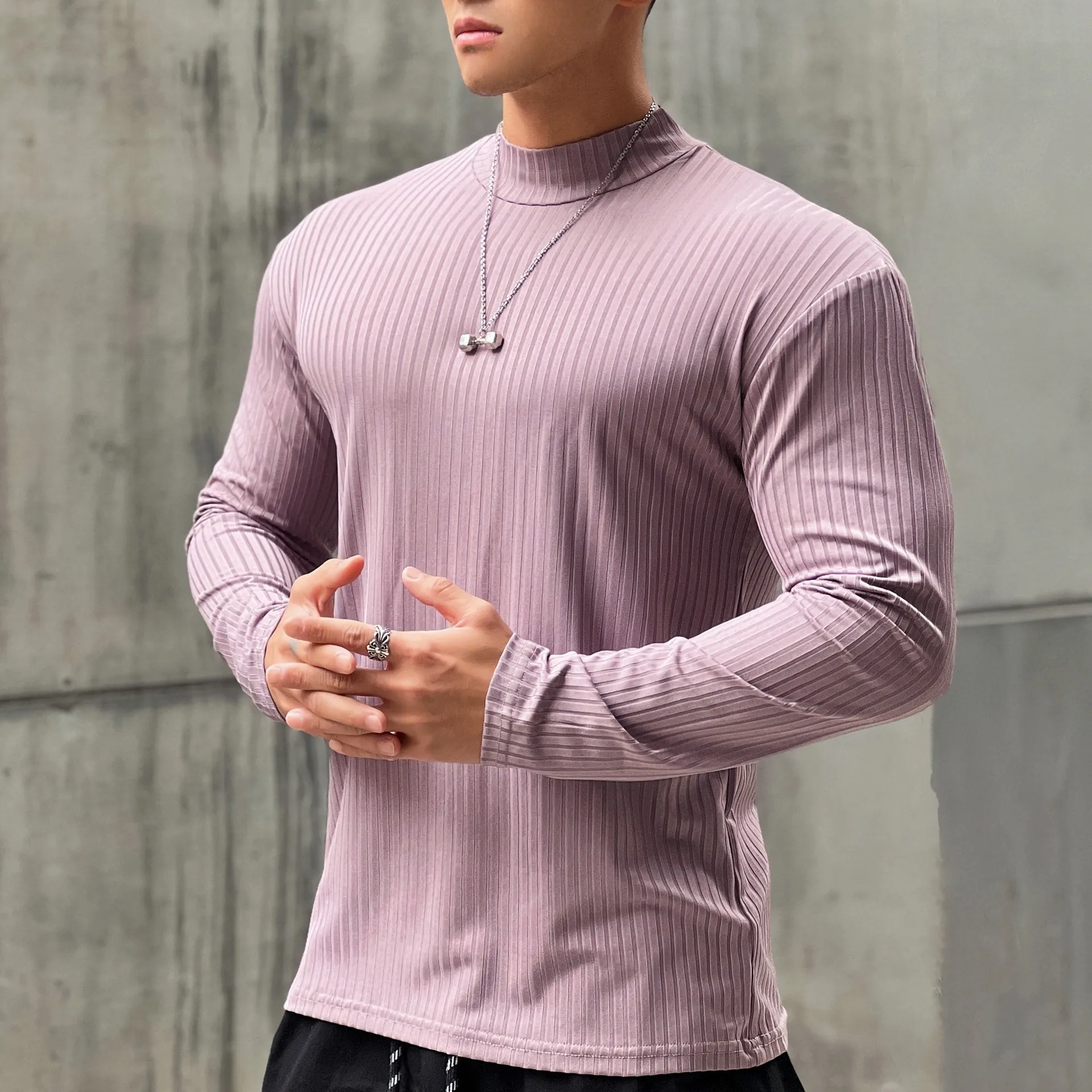 YIYI Autumn Ribbed High Elastic Workout T-shirts Men Pull Over Quick Dry Breathable Sports T-shirts Long Sleeve T-shirt For Men