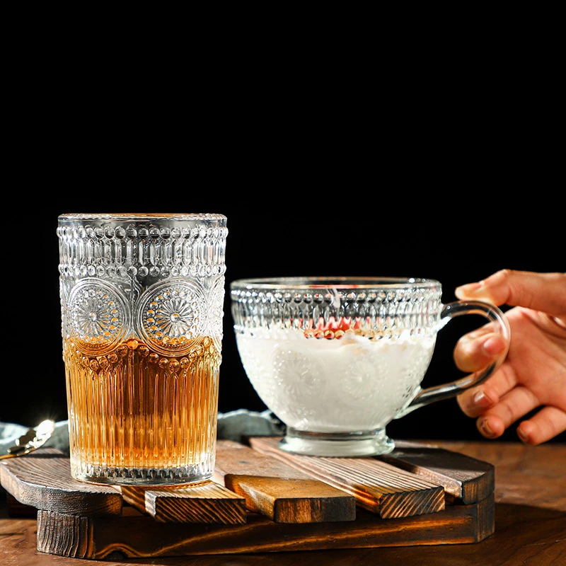 13oz Clear Glass Bowl with Handle Vintage Embossed dessert cups espresso Coffee Mug
