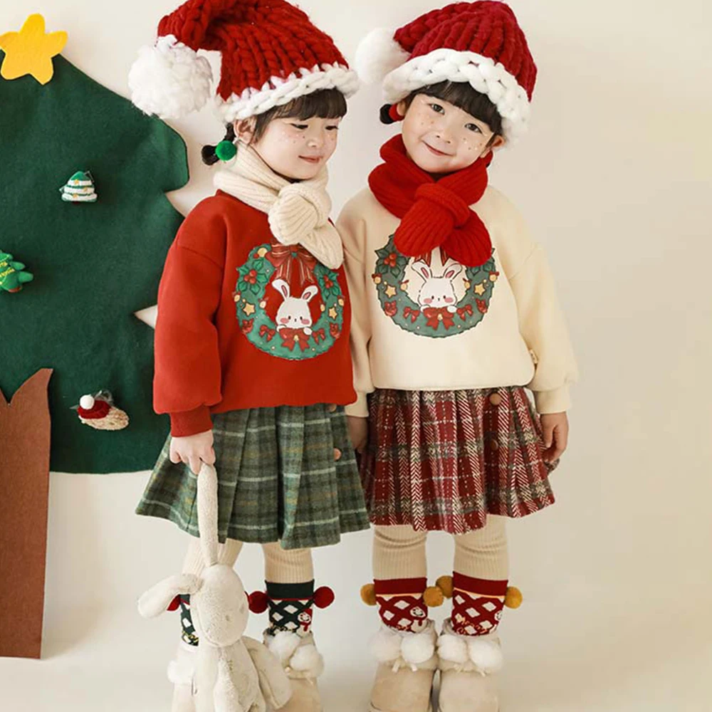 New Arrival Children Clothing Cute Cartoon Rabbit Print Winter Warm  Toddler Girls Fleece Top Pullover Kids Christmas Sweatshirt