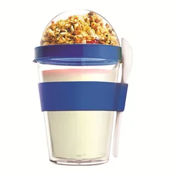 Custom New design portable 2 in 1 plastic blue snack salad cup 12 oz yogurt container with lid and spoon