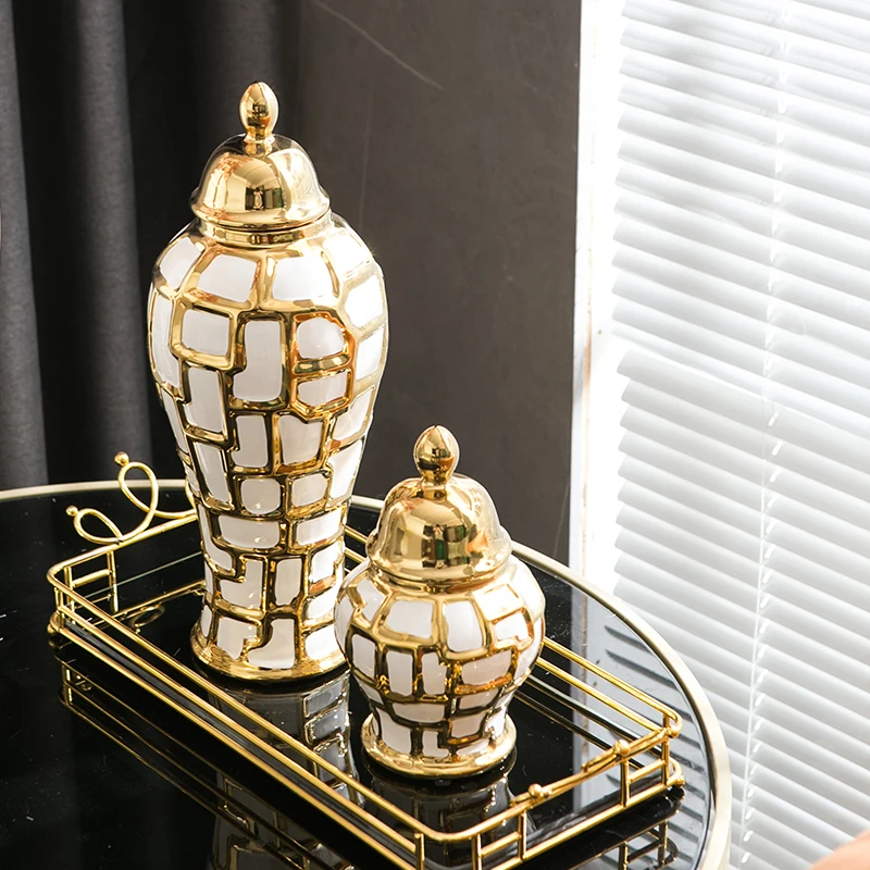 Wholesale Custom White And Gold Striped Home Decorative Large Tall Big Floor Ceramic Ginger Jar Vase With Lid For Flower