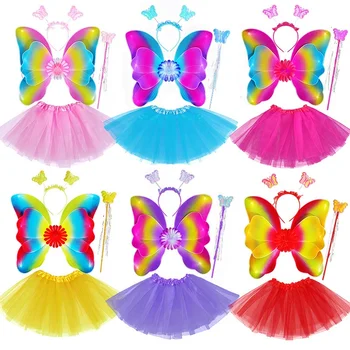 4pcs Hot Sell Children Kids Girl Butterfly Wings Dress Up Fairy wand Fairy Wings Headband And Short Skirt Children's Day Gifts