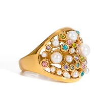 RTS New Stainless Steel Colored Zircon Ring Ins Elegant 18k Pvd Coated Waterproof Fashion Pearl Ring