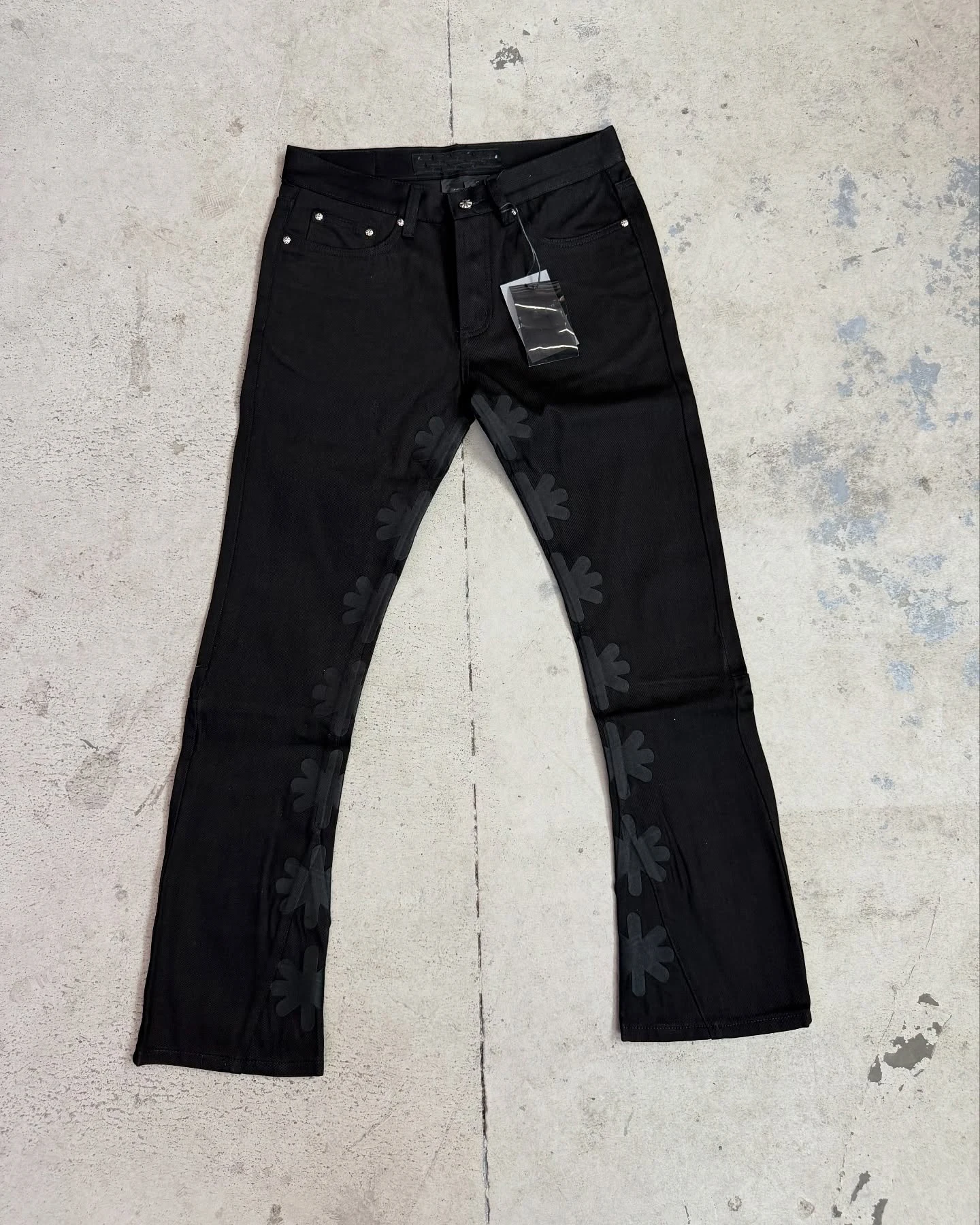 Streetwear Custom Patch Embroidery Pu Leather Pants Vintage Wash Flared Jeans Denim Pants for Men details