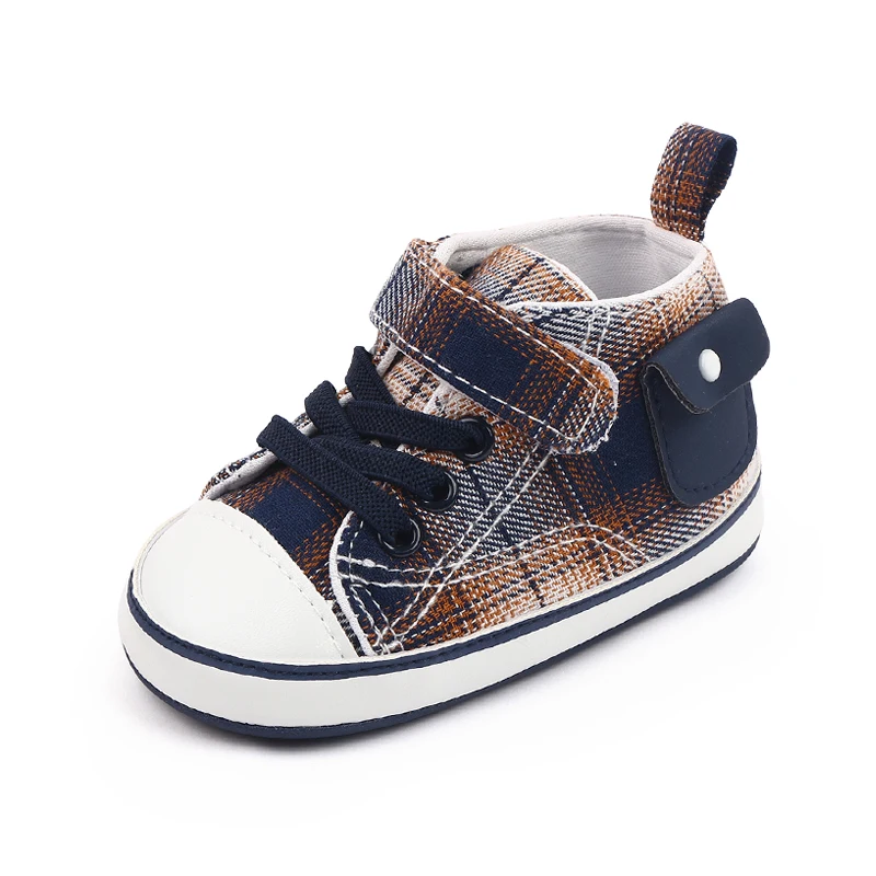 Four Seasons Classic Canvas Baby Boys and Girls Shoes Plaid Pocket Soft Soled Baby Walking Shoes factory