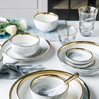 Ceramic Bowl Restaurant Hotel Gold Rim Grey Marble Ceramic Dinnerware Set Plate Bowl Kitchware