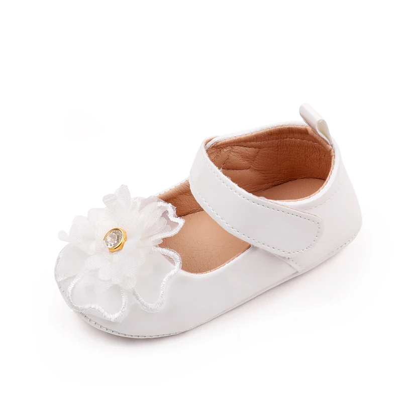 Spring and Autumn Pure Color PU Leather Veil Rhindiamonds Flower Princess Walking Shoes for Baby Girls manufacture
