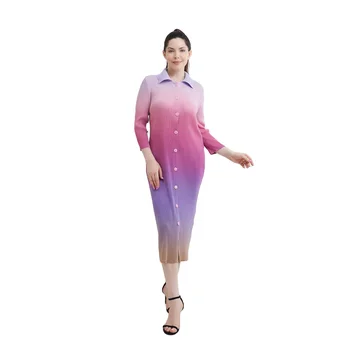 Miyake Casual Pleated Dress Women Long Sleeve Button Gradient  One Size New Autumn Dress Church Special Occasion Party Modest