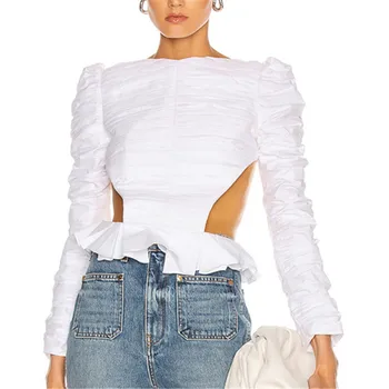 solid color open back ruffle fashion design women 2021 spring long puff sleeve blouse plain top