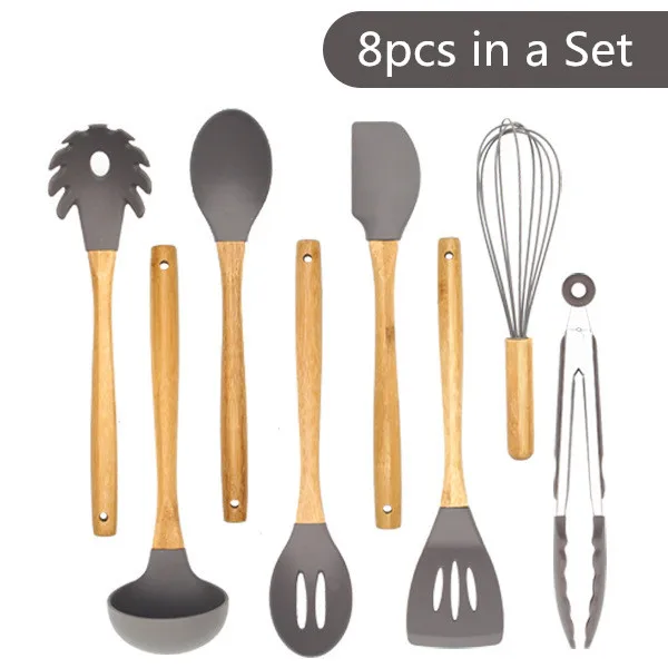 BPA Free Reusable Nonstick 9pcs Silicone Cooking Tool Set with Wood Handle and Storage Box Kitchen Accessories Utensil