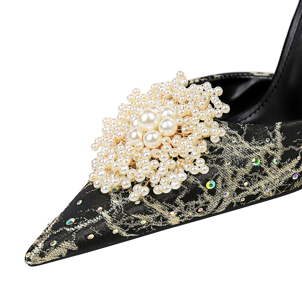 34-43 Banquet shallow mouth hollow straight line with high heels Pointed rhinestone pearl flower sandals