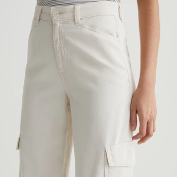 Medium White Women's Ultra-High Rise Wide Leg Cargo Pants In Cotton Custom OEM/ODM - Cotton Blend,Utilitarian Style Flap Pockets