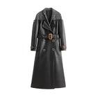 Long Black Color Motorcycle Woman Leather Coat Trench Long Slim Ladies Fur Coat With Belt Can Custom Oversize