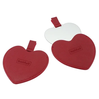 Wholesales Makeup Hand Held Cosmetic Stainless Steel heart shape Leather Pocket Mirror with pu pouch