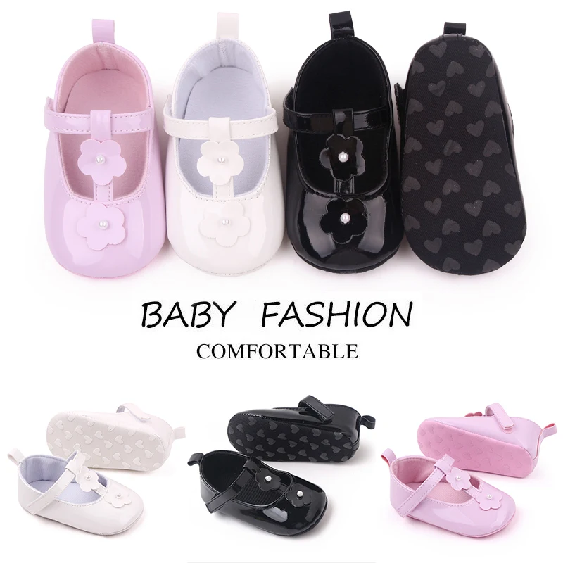Soft Soled Princess Small Leather Shoes for Baby Girls with Flowers in Solid Color Leather details