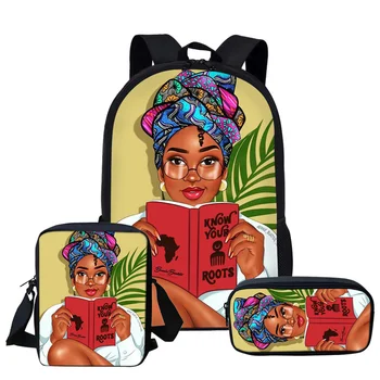 Custom Large Capacity 3 Piece Set School Bag African Black Girls Printed New Design 7th Class School Bags For High School Girls