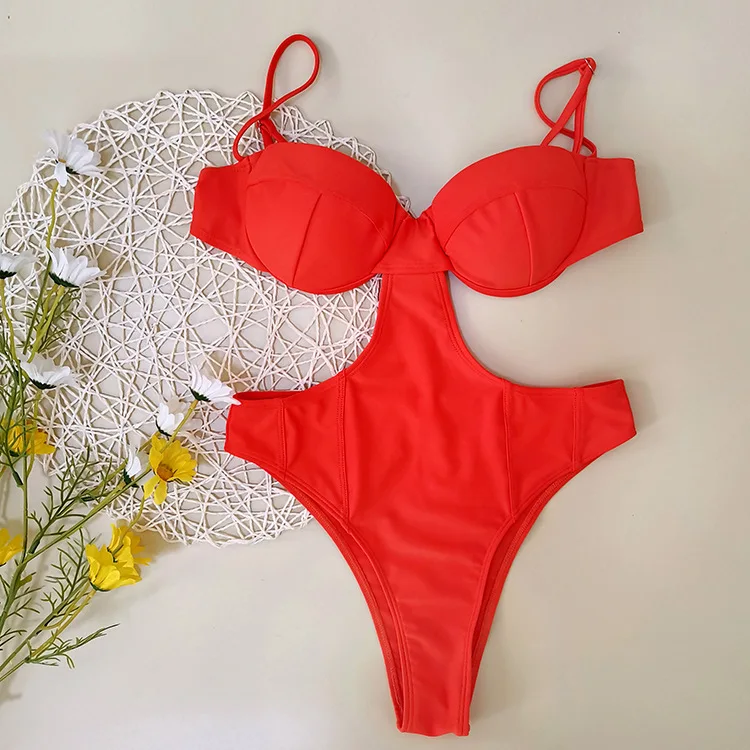 New women's orange underwire stitching one-piece bikini hollow bikini swimsuit