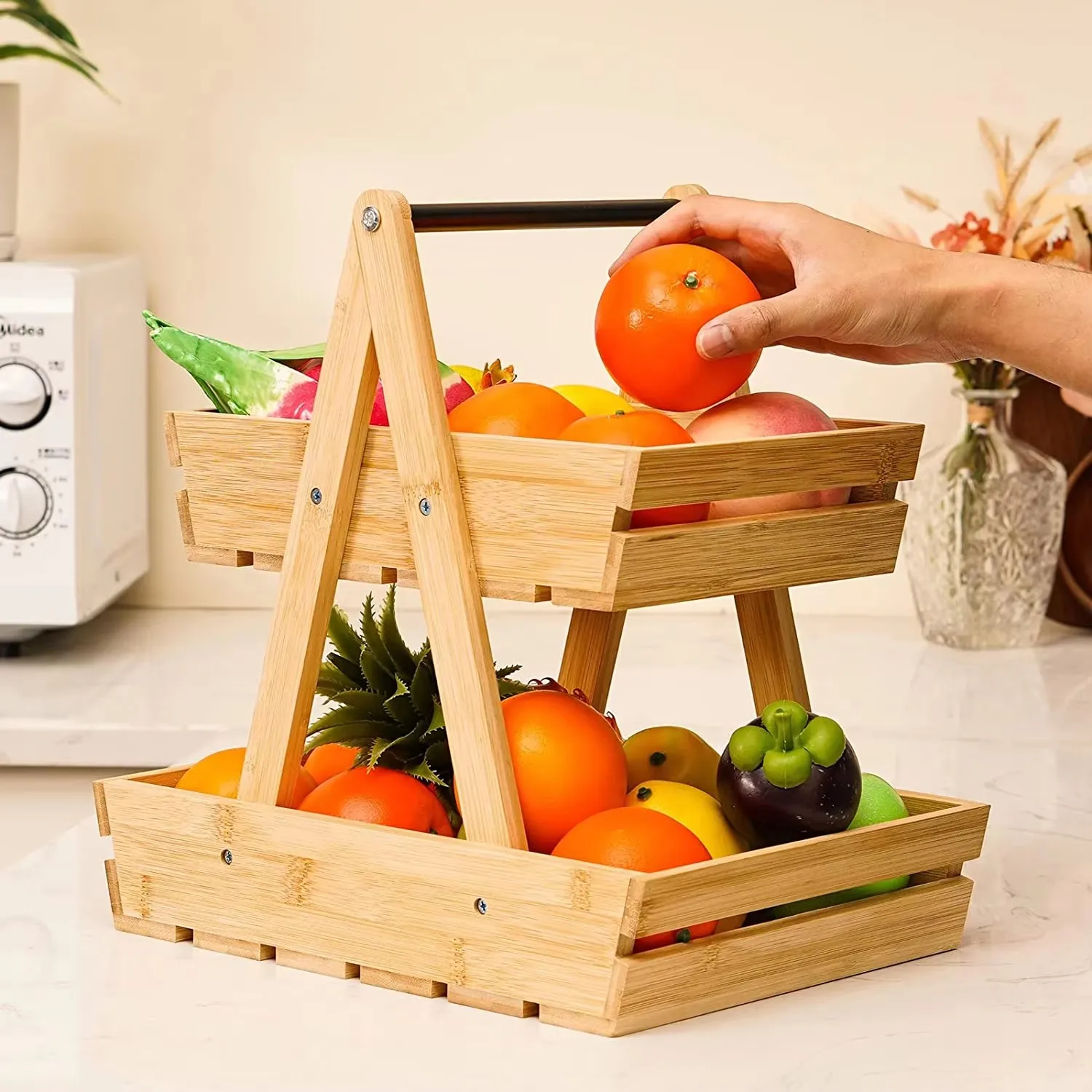 product bamboo 2 tier fruit basket with handle vegetable snack storage rack rustic farmhouse fruit bowl for kitchen counter dining table-7