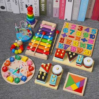 Weeelite Multiple Style Puzzle Toy Geometry Shape Cognitive Wood Toy Children's Game Building Block Bead Winding Educational Toy