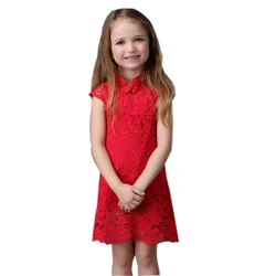 Chinese Traditional New Years Dress Fashion Red Hollow Out Fabric Chinese Cheongsam style 4-14 years girls dresses