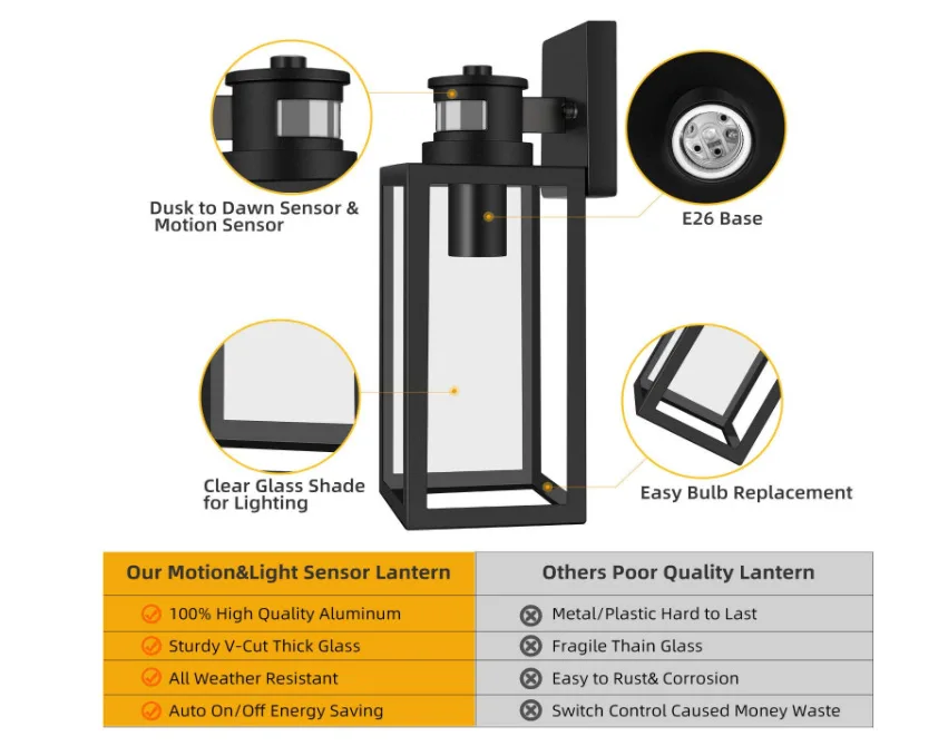 Vintage Dusk to Dawn Sensor Outdoor Lantern Anti-Rust Waterproof Wall Sconce for Garage Doorway