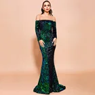 Gowns Evening NEW Slash Neck Full Lining Formal Gowns Long Sleeve Feather Stretch Sequin Evening Party Casual Dress V348