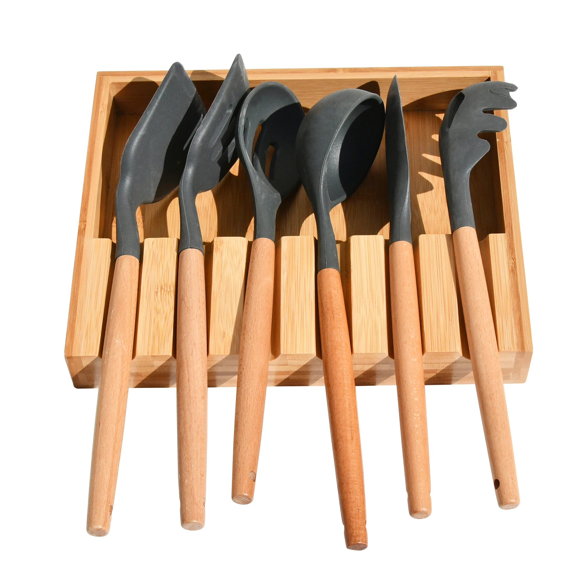 Wholesale Kitchen Cooking Storage Rack Wood Spoon Holder Bamboo Utensil Rest with Drip Pad for Multiple