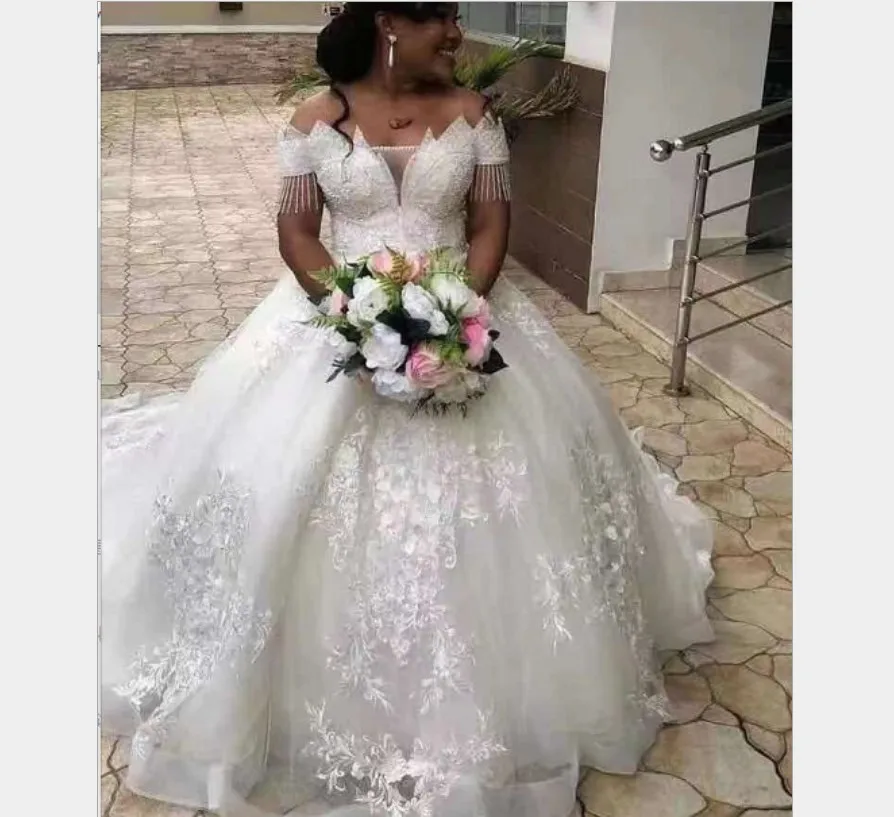 Off the Shoulder Lace Beaded Wedding Dresses Long Sleeve Bride Dress Custom Made 
