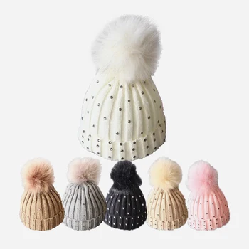 DDA1098 Child Soft Winter Warm Fleece Lined Infant Fur Beanie Chunky Hats Bling Rhinestone Baby Diamond Big Pom Pom Knit Hats