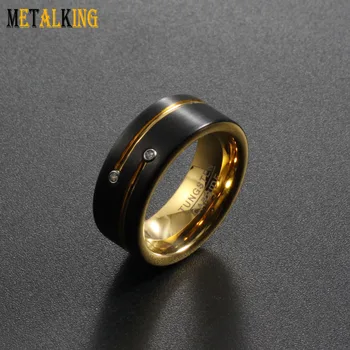 8mm Two Tone Tungsten Wedding Band Black And Gold Plated Double CZ Stones Inlay Engagement Ring For Men Women