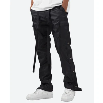 custom men black drawstring waist nylon pants snap button side zipper detail relax fit cargo pants